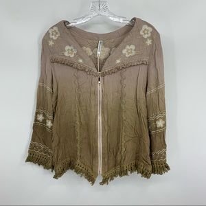 Monoreno NWT Embroidered Full Zip Mocha Brown Top with Fringe Size S